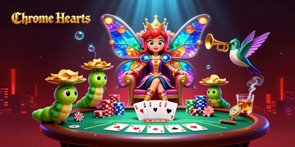 Play poker with Chrome Hearts' unique style, featuring vibrant characters and rich gaming elements.
