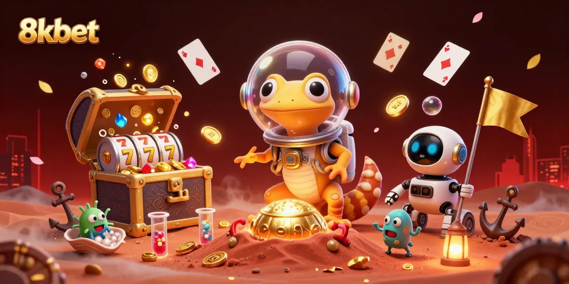 Experience the excitement of 8xbet with a 3D Martian gecko discovering a vibrant casino.