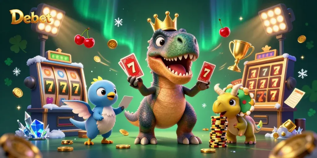 Engage in thrilling casino action with Debet amidst a lively 3D gaming scene.
