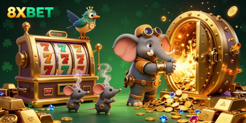 Spin the reels at 8XBET's lively casino scene featuring golden treasures and slot machines.