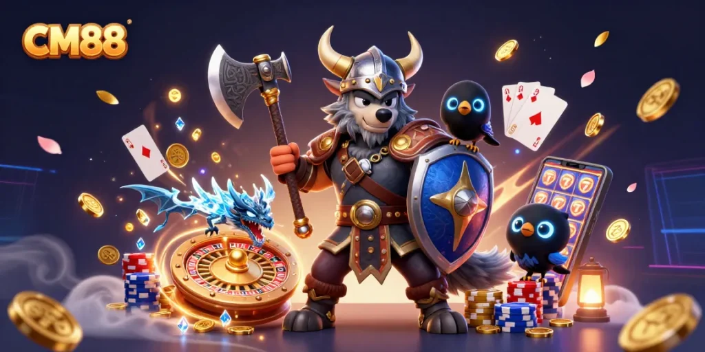 Engage with CM88, where vibrant gaming elements and characters create an immersive casino experience.