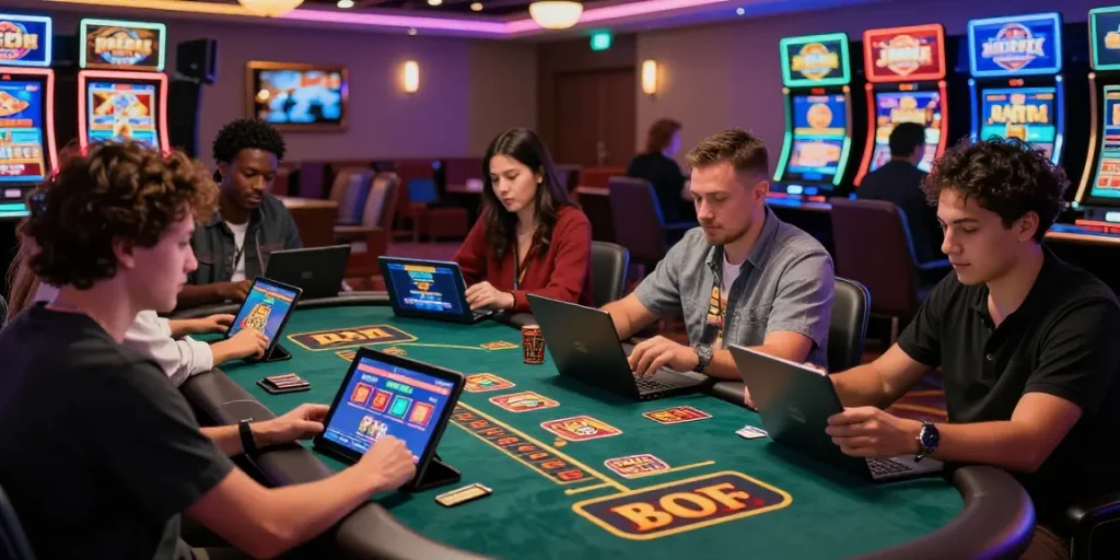 Players enjoying games at credit card casinos at crownwoods.org.uk showcasing vibrant gaming atmosphere and promotions.