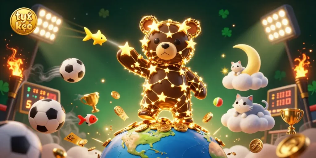 Experience tỷ lệ kèo with vibrant sports betting elements, colorful gold coins, and dynamic game activity.