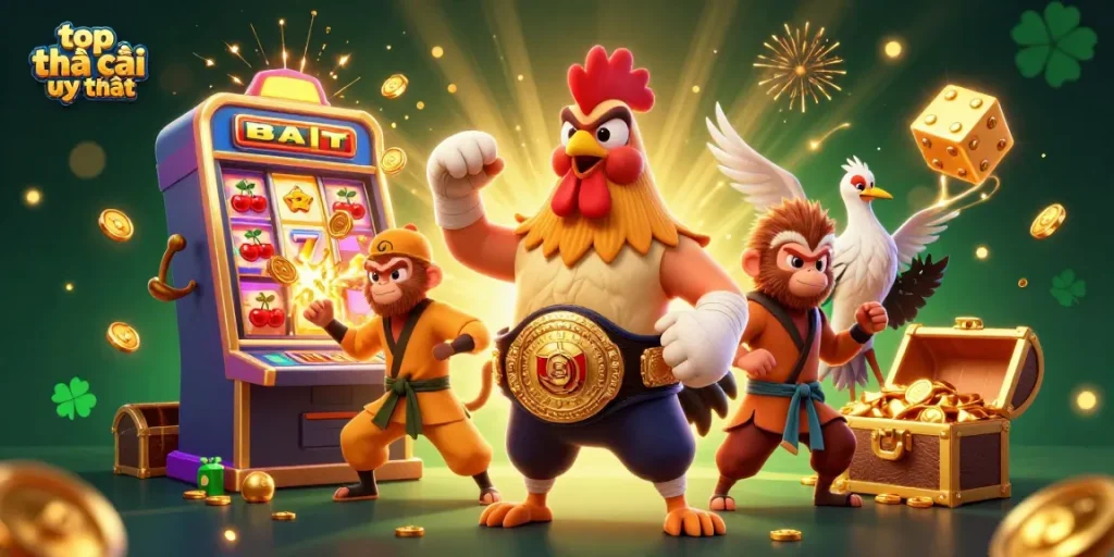 Experience the thrill of top nhà cái uy tín games with characters amidst a jackpot explosion and vibrant casino elements