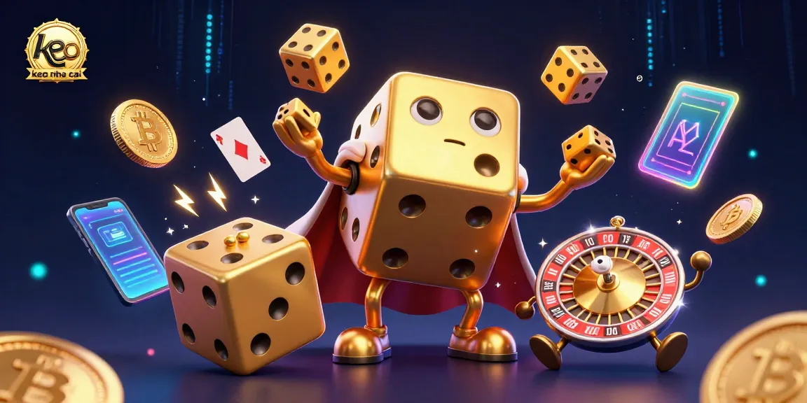 Bet on keo nha cai with golden dice characters and crypto coins, illustrating exciting online gambling.