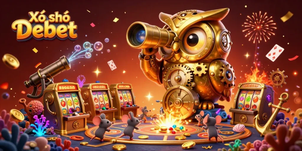 Xổ số Debet showcases a vibrant casino scene with a golden owl scanning slot machines and colorful gems.