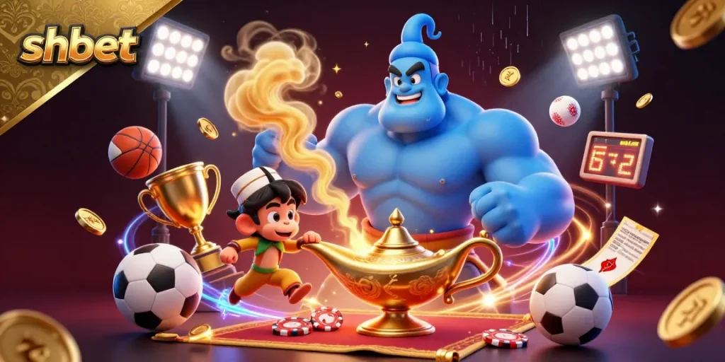 Engage with shbet in an enchanting 3D casino illustration featuring a genie and poker elements.