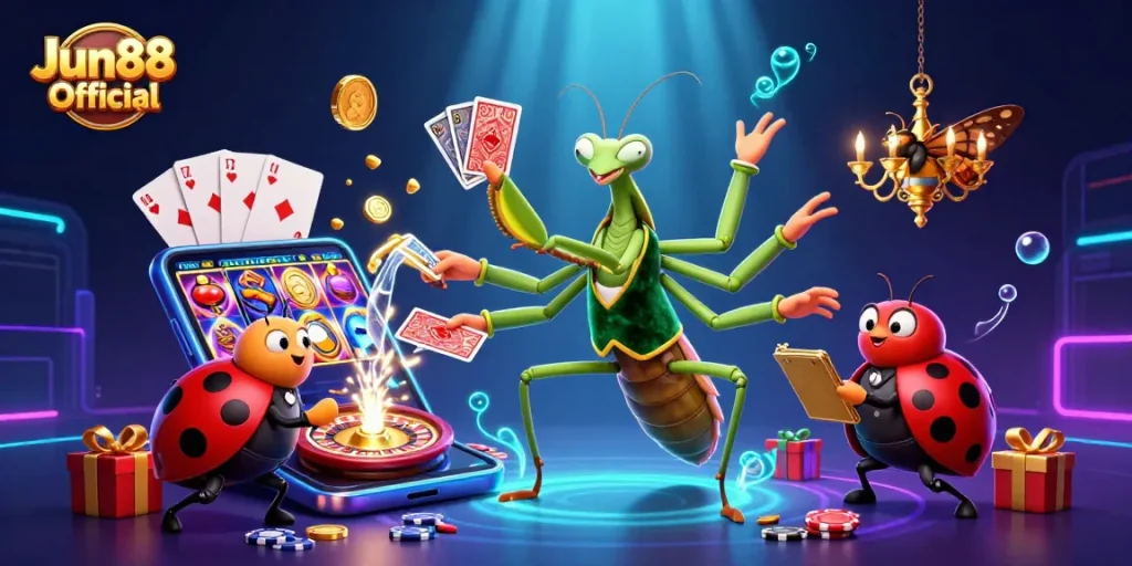 Win big with Jun88 Official in a vibrant, high-energy casino scene, featuring dynamic game action.