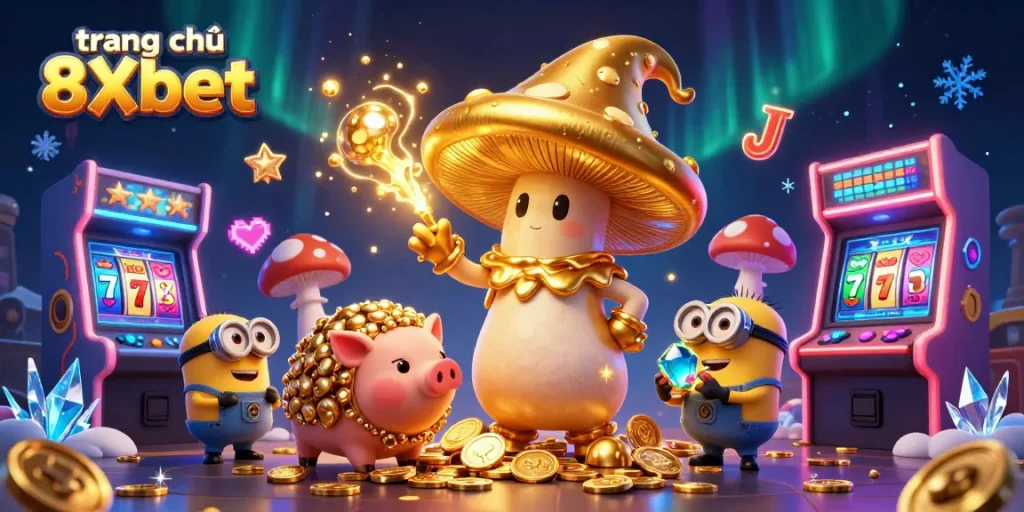 Engage with the thrilling world of trang chủ 8Xbet with a magical 3D casino scene featuring golden treasures and exciting gaming elements.