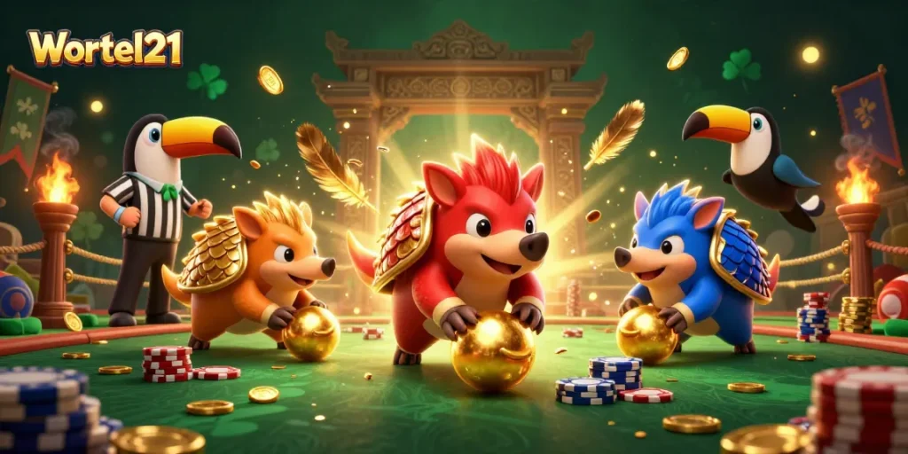 Wortel21 pangolins compete in a dynamic casino scene full of poker chips and excitement.