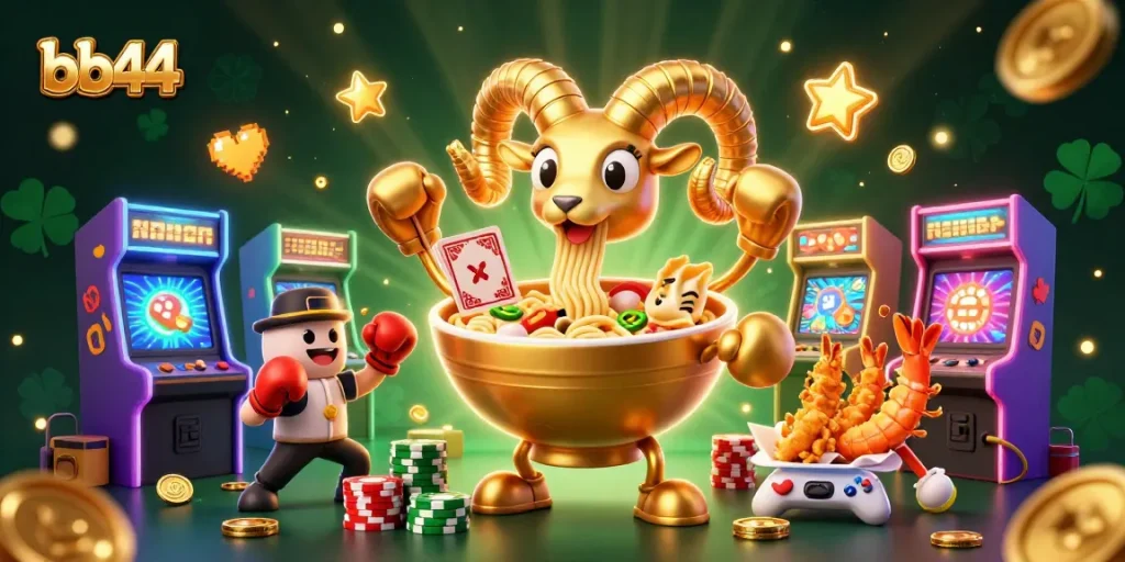 Players engage in thrilling action with bb44 as a colorful ramen bowl deals cards amidst vibrant casino elements.