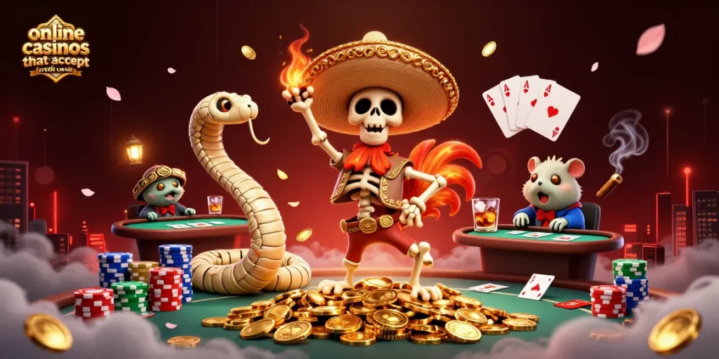 Engaging scene showcasing online casinos that accept credit cards with vibrant casino characters and elements.