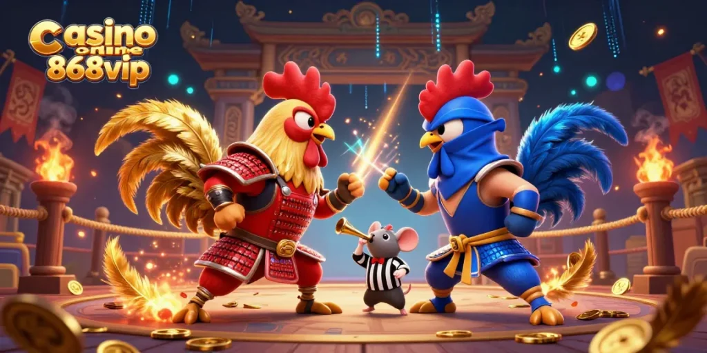 Engage in thrilling play at casino online 868vip with dynamic rooster duels in a vibrant 3D illustration.