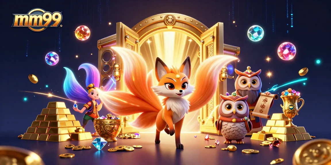 Experience the excitement of mm99 with colorful characters and a treasure-filled casino scene.