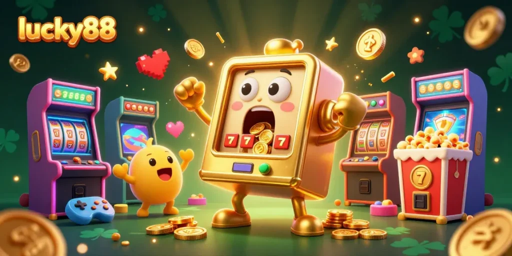 Experience thrilling wins with lucky88, where a golden slot machine celebrates jackpot moments with vibrant action!