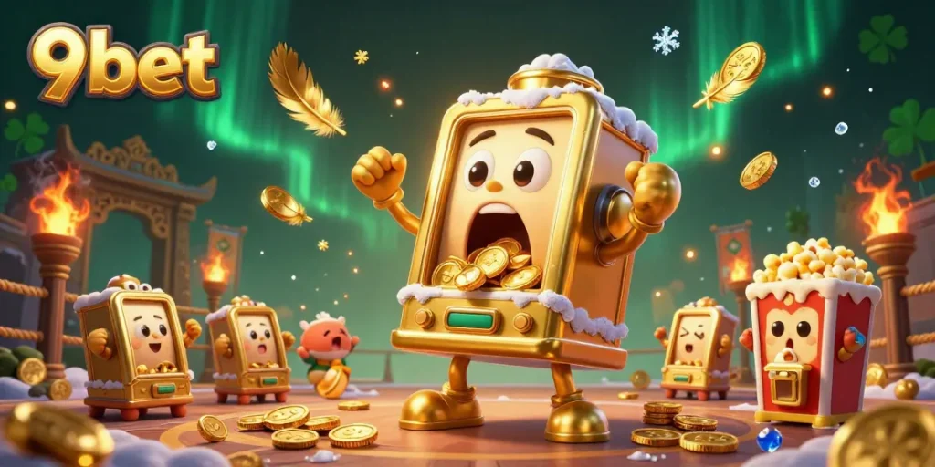 9bet interactive casino scene with a golden slot machine celebrating a jackpot amidst cheering characters.