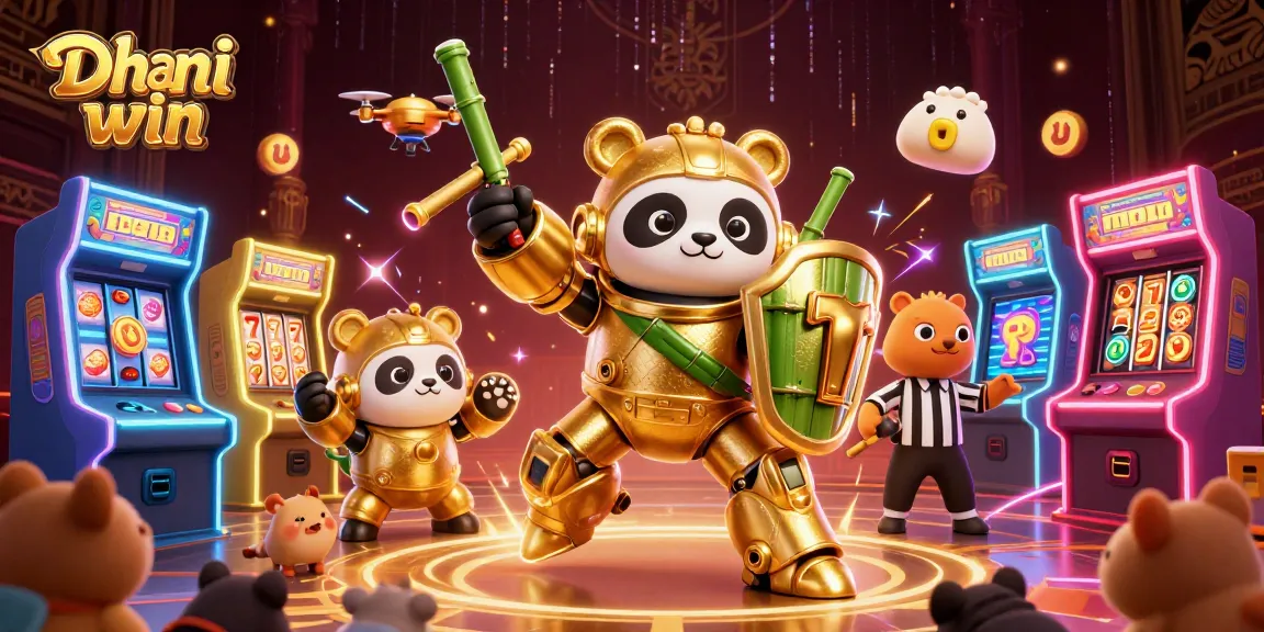 Dhani win showcases an exciting lottery game scene with a panda character in dynamic action.