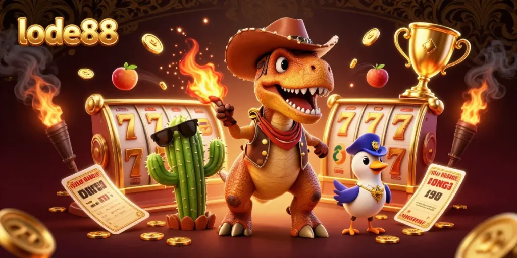 Play thrilling slots at lode88 with our vibrant T-Rex cowboy illustration featuring jackpot elements.