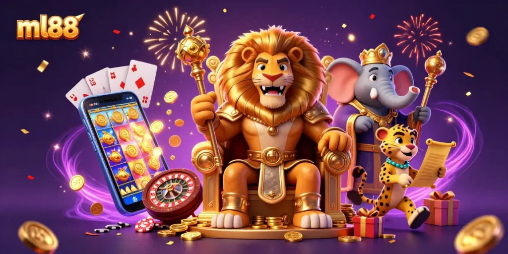 Engage with the vibrant ml88 gaming scene featuring a lion king and casino elements