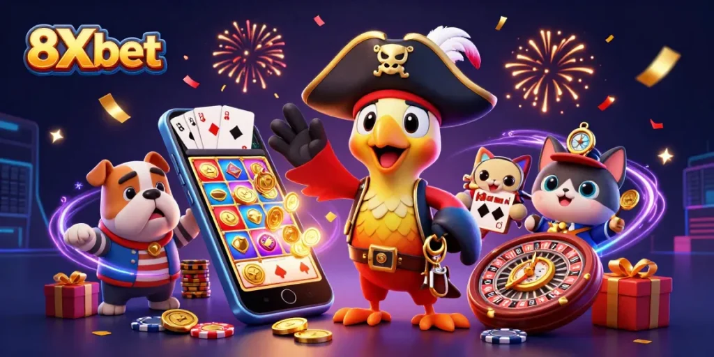 Experience excitement with 8Xbet in an engaging 3D casino illustration featuring vibrant game elements.
