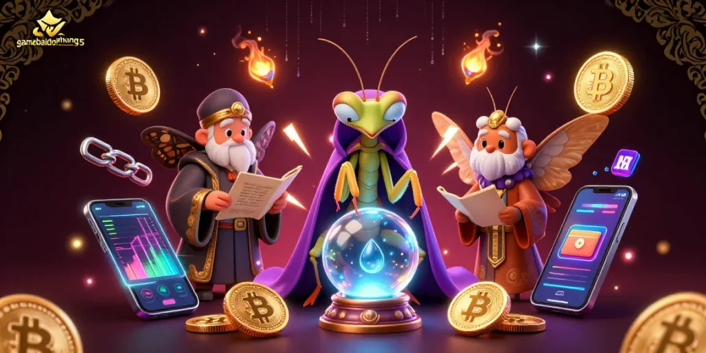 Engage with gamebaidoithuong5 in a dynamic casino experience surrounded by fortune-telling characters and cryptocurrency.
