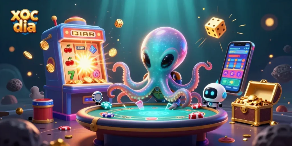 Xoc dia players win big at an exhilarating alien poker scene packed with action and colorful casino elements.