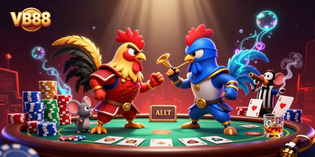 Witness the ultimate VB88 showdown with roosters in armor at a vibrant poker table.