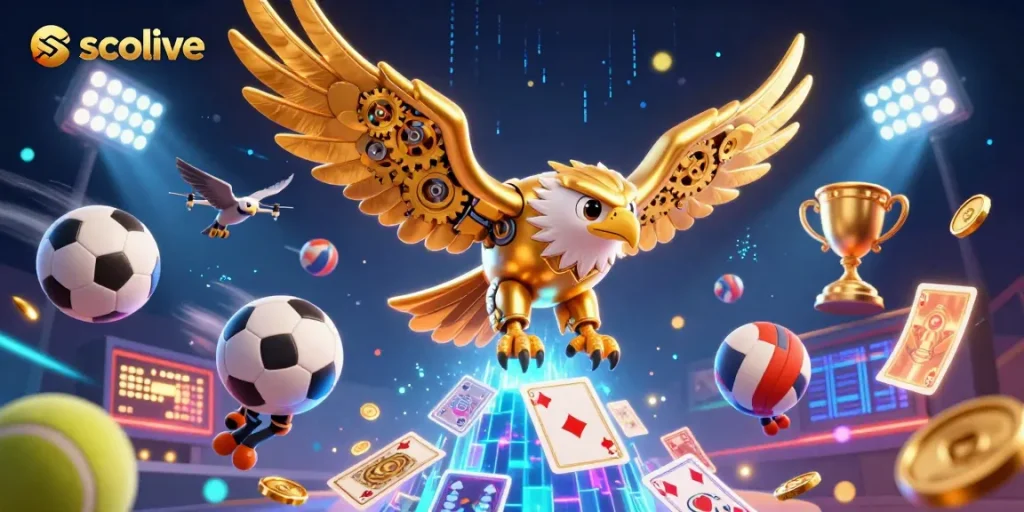 Socolive showcases a dynamic illustration of a golden eagle navigating through thrilling sports elements and visuals, enhancing betting excitement.