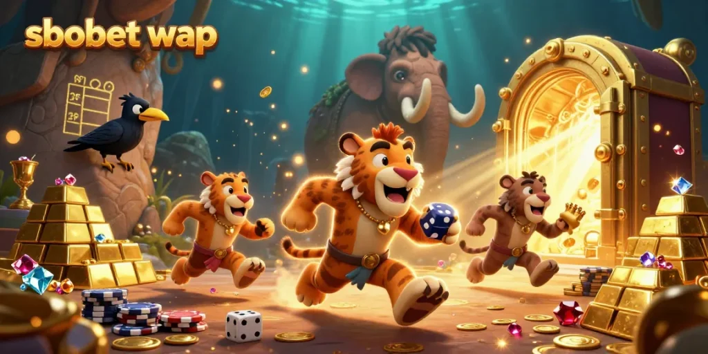 Engage in betting action with sbobet wap at a vibrant prehistoric casino scene featuring 3D characters.