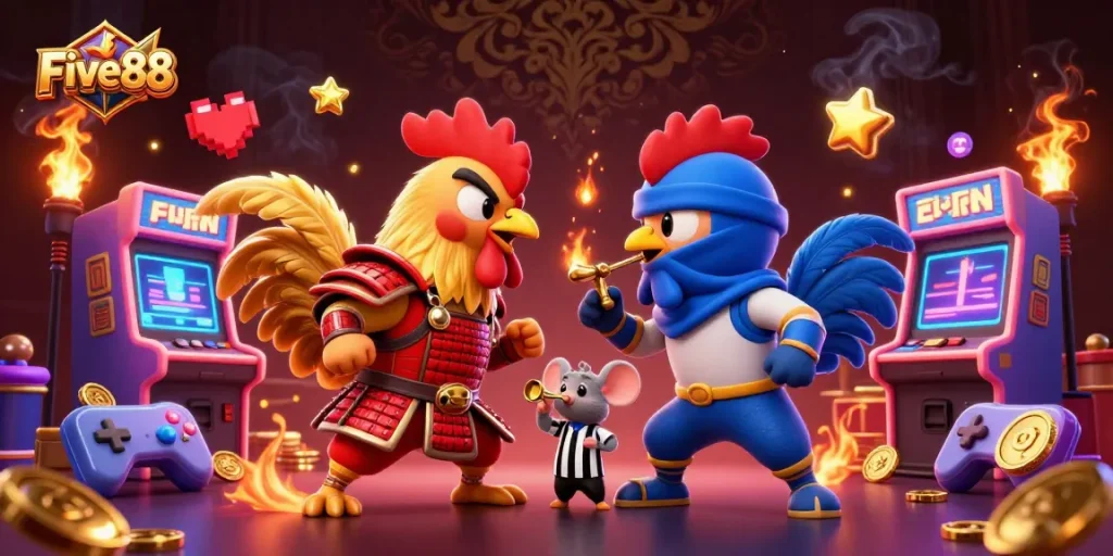 Experience thrilling match at Five88 with dynamic cartoon roosters and colorful casino elements.