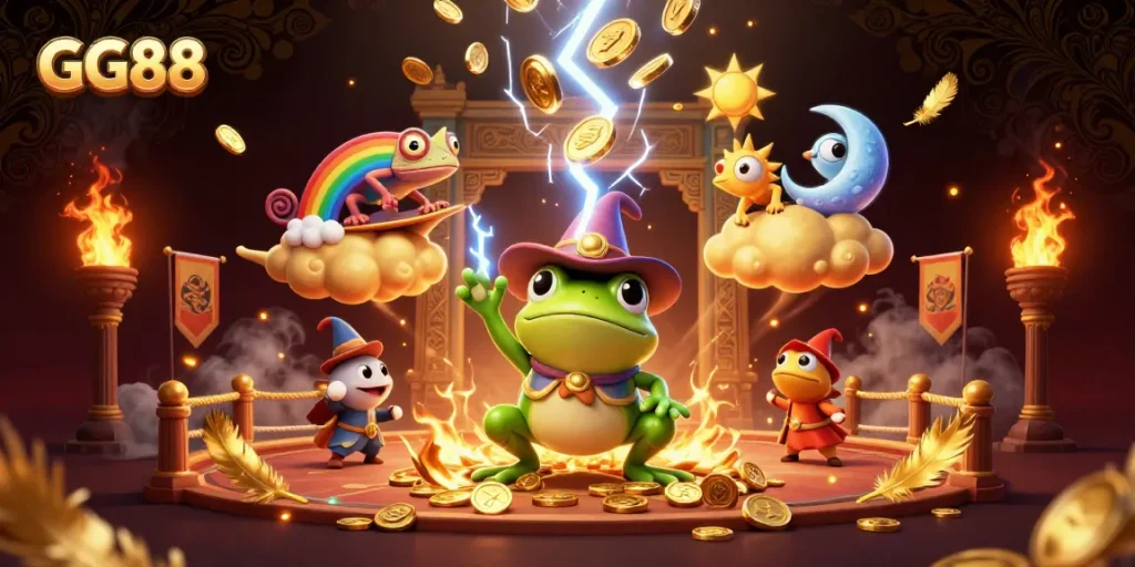 Experience GG88's thrilling gaming world with a magical storm of coins and dynamic characters.