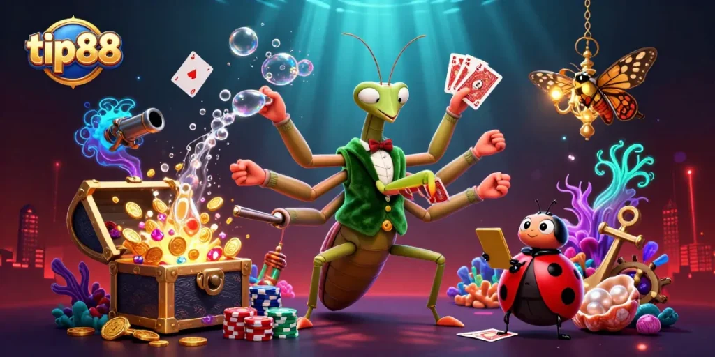 Experience thrilling games at tip88 with a vibrant scene of a card sharp and pit boss in a rich casino atmosphere.
