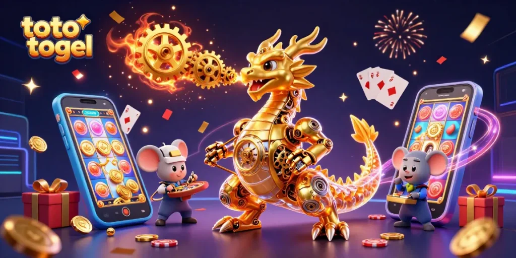 Experience the excitement of toto togel with golden coins, slots, and a dragon in a dynamic 3D scene.