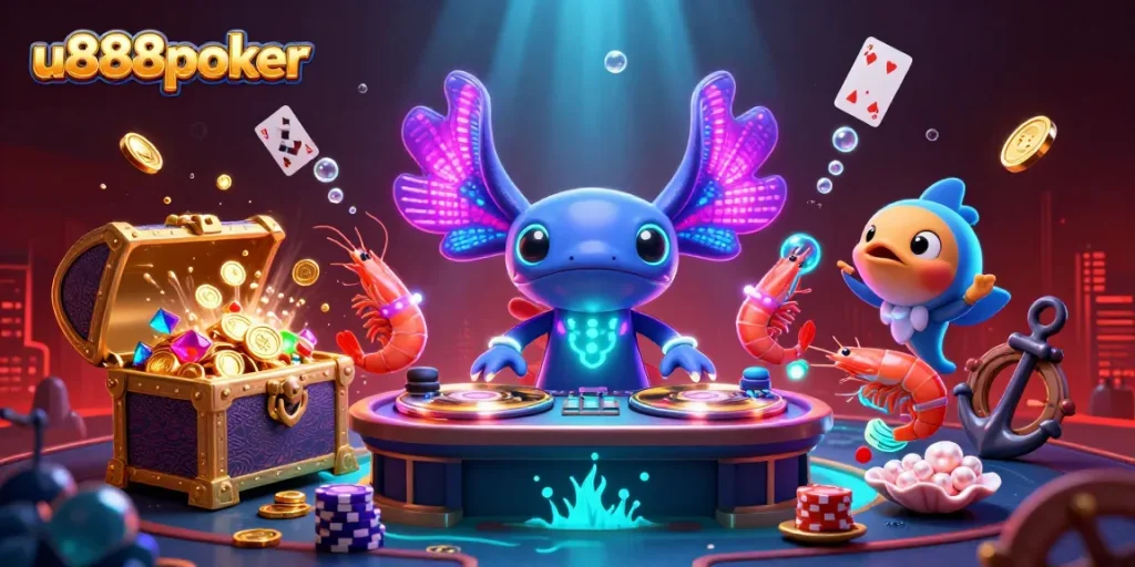 Play poker with u888poker's vibrant illustration showcasing a lively axolotl DJ and neon sea creatures.