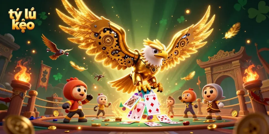 Engage with tỷ lệ kèo amidst dynamic betting action featuring a golden eagle and holographic cards.