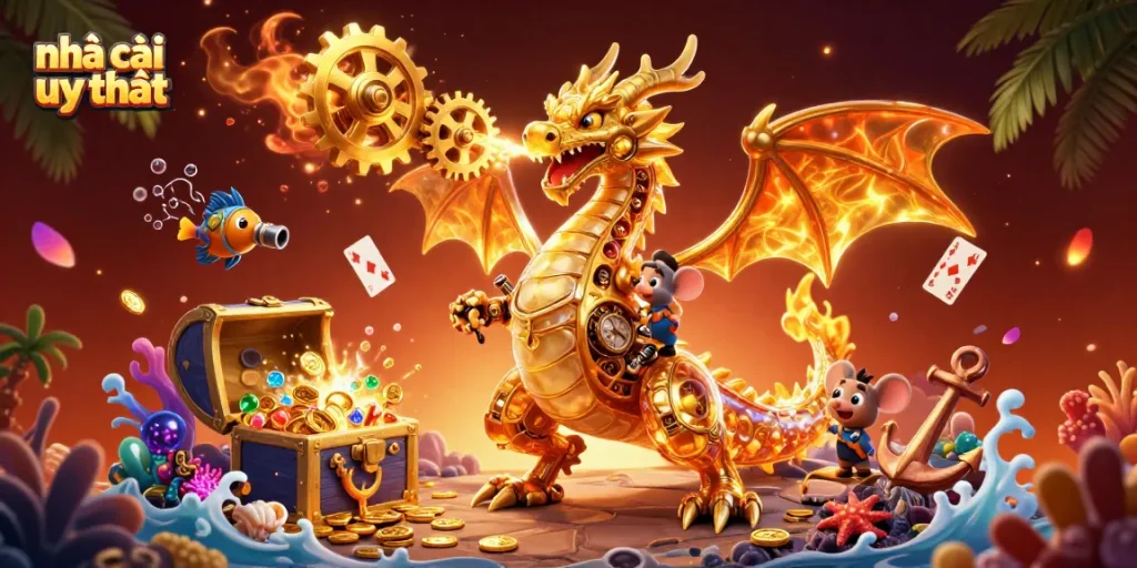 Engage with the best nhà cái uy tín through thrilling 3D gambling adventures featuring a golden dragon.