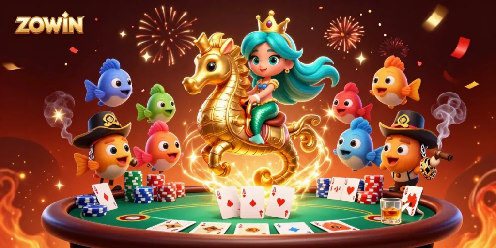 Zowin players enjoying an exhilarating poker scene with colorful characters and vibrant casino elements.