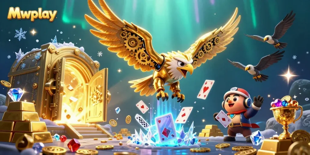 Mwplay offers exhilarating online gaming with a cybernetic eagle amidst lavish treasures and holographic cards.