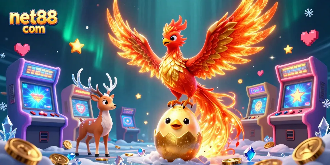 Engage with net88 com's vibrant casino experience featuring a dynamic scene with phoenixes and interactive games.