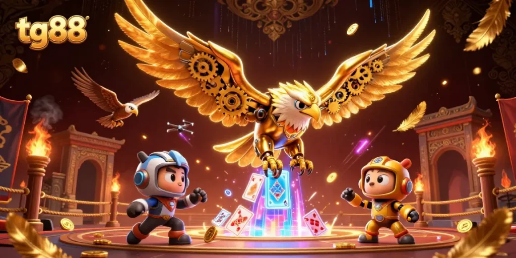 Play thrilling games at tg88 with a cybernetic eagle amidst holographic cards and vibrant casino elements.