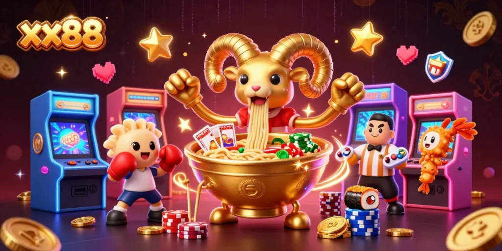 Engage with xx88 as the giant ramen bowl character deals cards among vibrant casino elements.