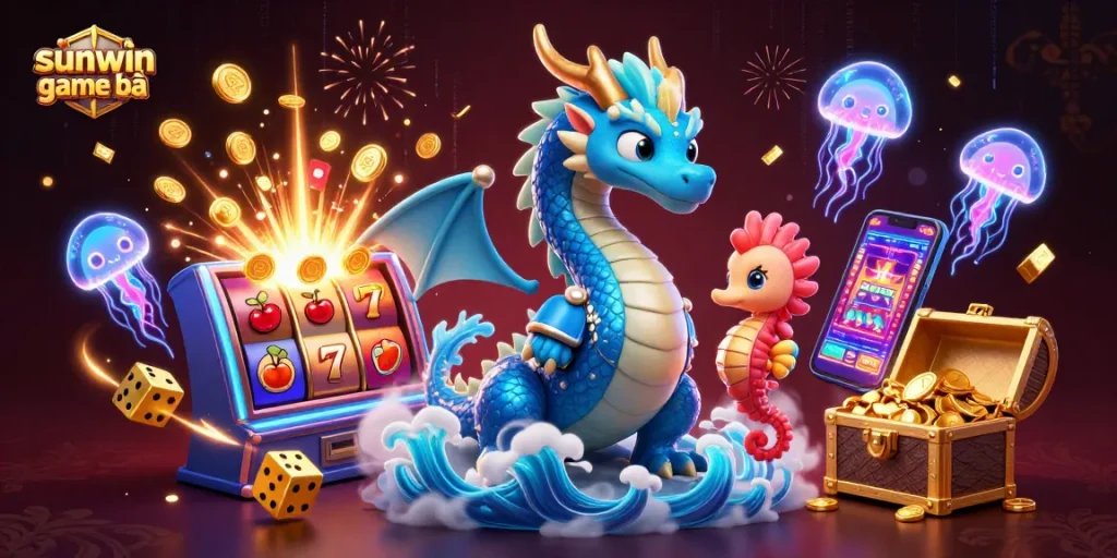 Players enjoy vibrant sunwin game bài action, featuring dragons, seahorse knights, and slot machines.