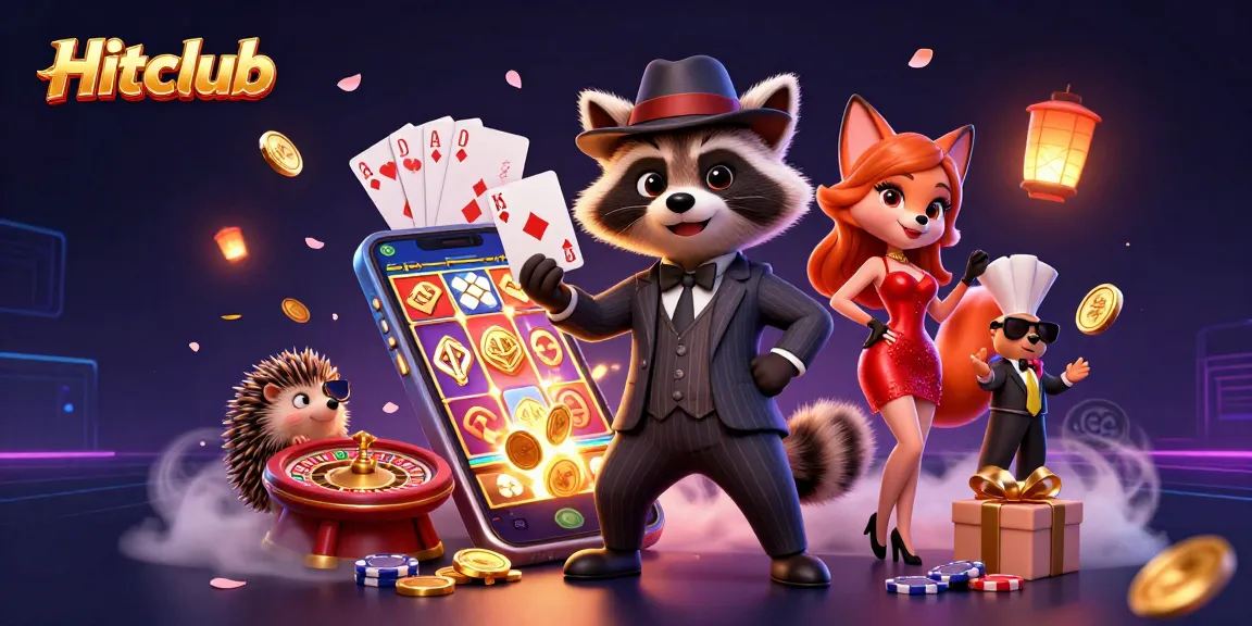 Hitclub offers exciting gameplay with suave raccoon holding royal flush amidst vibrant casino elements.