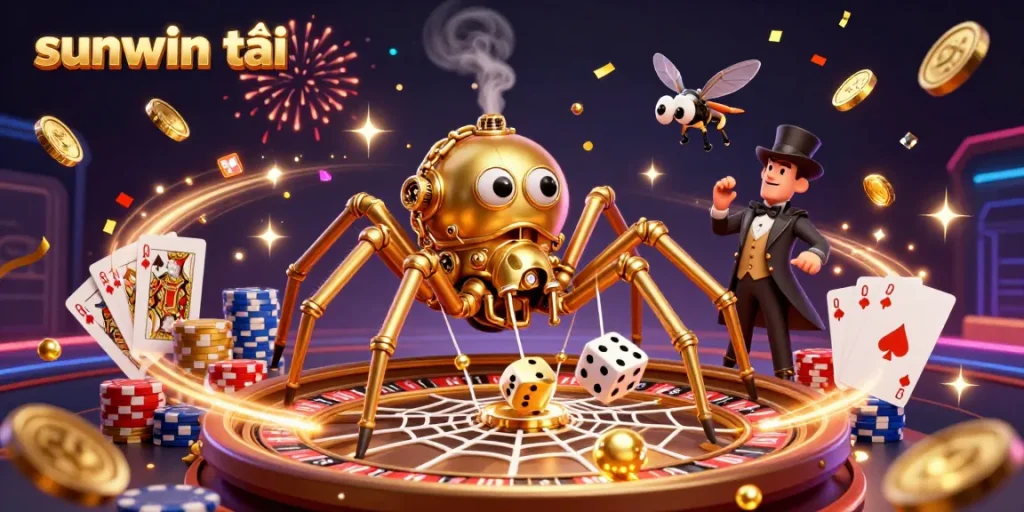 Experience sunwin tải with vibrant 3D illustration showcasing golden spider in casino web.