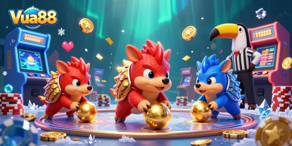 Experience Vua88 with rival pangolins in a vibrant 3D casino scene filled with games and excitement.