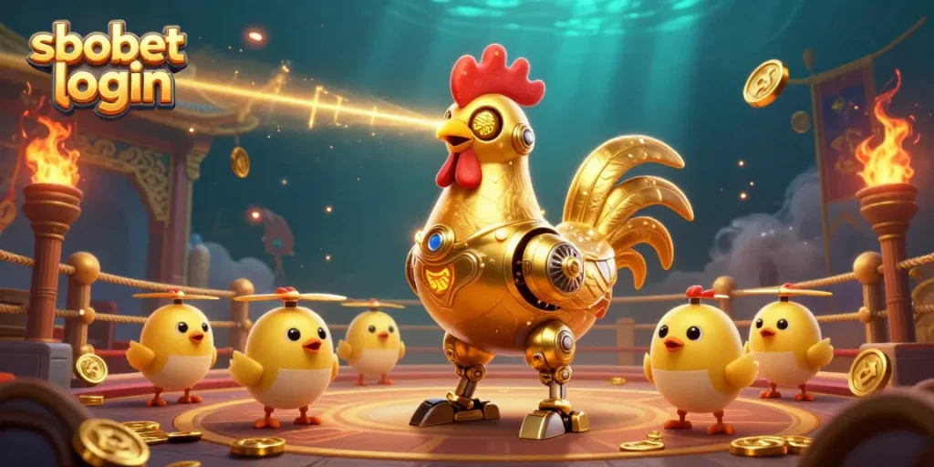 Engage in sbobet login with thrilling betting dynamic featuring golden rooster robots and baby chick drones.