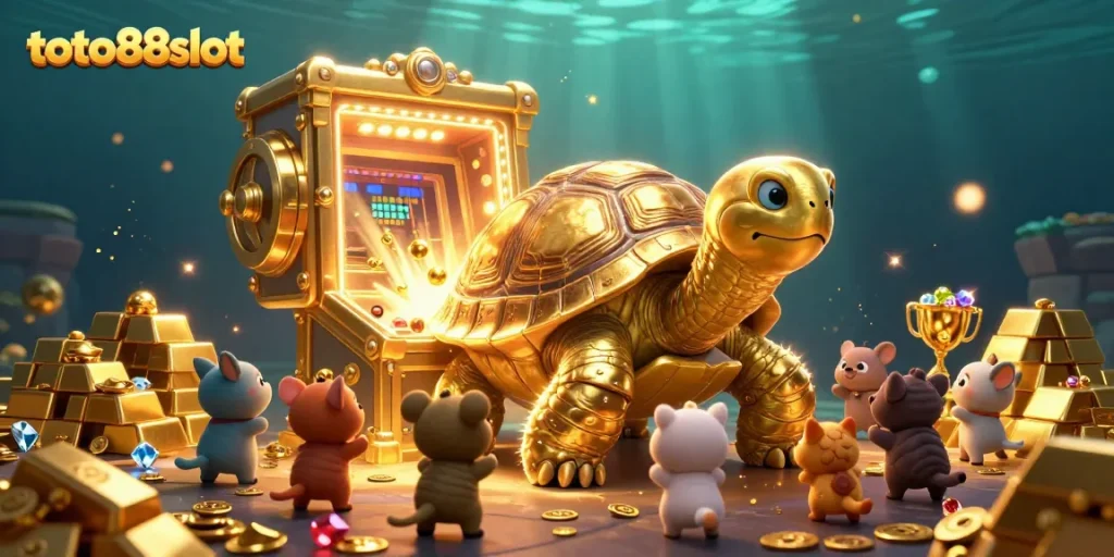 Toto88slot showcases excitement with a colossal golden tortoise pinball machine, symbolizing fun in online gaming.