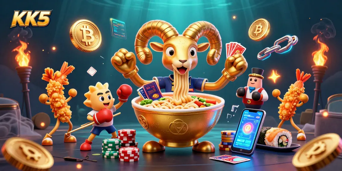 Engage with KK5's thrilling gaming experience as the golden ramen bowl deals cards amidst vibrant cryptocurrency visuals.