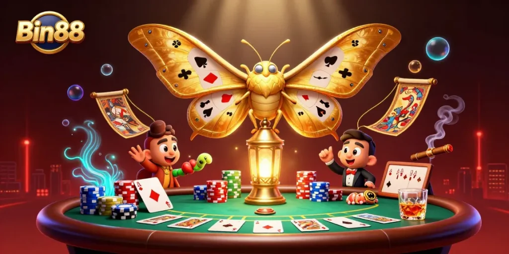 Players engaging at Bin88, featuring vibrant poker scenes with detailed characters and casino elements.