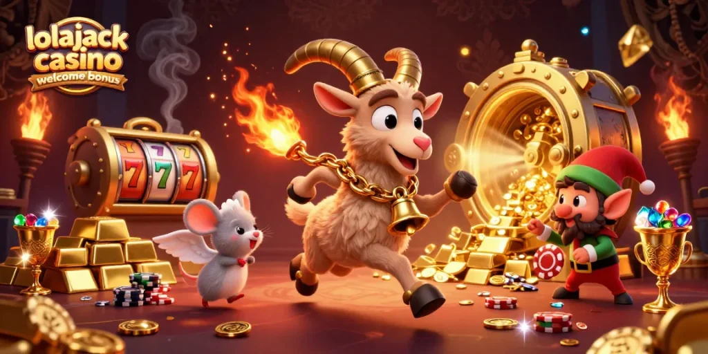 Experience the lolajack casino welcome bonus with lively casino characters in a vibrant gaming scene.